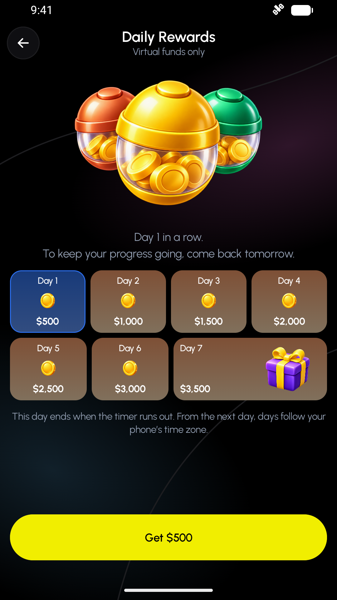 Trading Practice Daily Rewards screen showing a seven-day streak and virtual rewards
